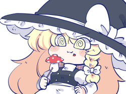 Rule 34 | 1girl, @ @, apron, black hat, black vest, blonde hair, blush, bow, braid, buttons, chahan (fried rice0614), chibi, commentary, eating, fly agaric, frilled apron, frilled hat, frills, hair bow, hand on own hip, hat, hat bow, holding, holding stick, kirisame marisa, long hair, long sleeves, mushroom, puffy sleeves, shirt, side braid, simple background, single braid, solo, stick, touhou, turtleneck, upper body, vest, waist apron, wavy mouth, white apron, white background, white bow, white shirt, witch hat, yellow eyes