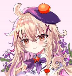 Rule 34 | 1girl, ahoge, beret, blonde hair, blush, braid, brown eyes, closed mouth, collared shirt, flower, flower knight girl, hair between eyes, hair flower, hair ornament, hat, kuko (flower knight girl), long hair, looking at viewer, multicolored hair, pink background, pink hair, purple flower, purple headwear, shiodome oji, shirt, simple background, smile, star (symbol), tilted headwear, two-tone hair, upper body, white shirt, x hair ornament