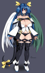 Rule 34 | asymmetrical wings, bare shoulders, belt, blue hair, boots, breasts, cameltoe, choker, cleavage, dizzy (guilty gear), guilty gear, guilty gear xrd, hair ribbon, large breasts, long hair, navel, onomeshin, panties, parted lips, puffy sleeves, red eyes, ribbon, tail, tail ornament, tail ribbon, thick thighs, thigh strap, thighs, twintails, underwear, wings