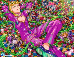 Rule 34 | 6+boys, absurdres, aerosmith (stand), antennae, arms behind back, bruno bucciarati, butterfly wings, chain, chibi, cleavage cutout, clothing cutout, crossed legs, flower, giorno giovanna, guido mista, hair flower, hair ornament, highres, insect wings, jojo no kimyou na bouken, ladybug ornament, leone abbacchio, lying, male focus, moody blues (stand), mouth hold, multiple boys, narancia ghirga, on back, pannacotta fugo, plant, purple haze (stand), relaxing, sex pistols (stand), sticky fingers (stand), tasse jj, vento aureo, vines, wing ornament, wings, zipper