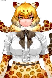 Rule 34 | &gt;:|, 10s, 1girl, 2017, :|, ahoge, animal ears, belt, blonde hair, bow, bowtie, breast pocket, brown bow, brown bowtie, closed mouth, dated, frilled shirt, frills, fur collar, happa (cloverppd), jaguar (kemono friends), jaguar ears, jaguar print, jaguar tail, kemono friends, looking at viewer, pocket, print skirt, shirt, short hair, short sleeves, signature, simple background, skirt, solo, tail, v-shaped eyebrows, white background, white shirt, yellow eyes