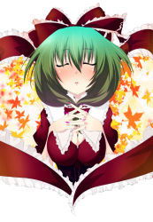 Rule 34 | 1girl, absurdres, blush, bow, breast suppress, breasts, cleavage, eyelashes, closed eyes, female focus, fingernails, frills, front ponytail, green hair, hair ribbon, own hands clasped, highres, incoming kiss, kagiyama hina, leaf, maple leaf, nail polish, open mouth, own hands together, ribbon, solo, teeth, touhou, zaki (artist)