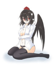 Rule 34 | 1girl, black hair, black panties, black thighhighs, blush, bow, bow panties, breasts, cleavage, collarbone, feathered wings, hair between eyes, hat, large breasts, long sleeves, looking at viewer, navel, nintoku, open clothes, open mouth, open shirt, panties, pom pom (clothes), red eyes, shameimaru aya, shirt, simple background, sitting, solo, thighhighs, tokin hat, touhou, underwear, wariza, white background, white shirt, wings
