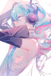 Rule 34 | 1girl, absurdres, aqua eyes, aqua hair, aqua necktie, bare shoulders, black sleeves, commentary, detached sleeves, hand on own neck, hands up, hatsune miku, head tilt, headphones, highres, light particles, long hair, looking at viewer, necktie, qq orikou, shirt, sidelighting, sleeveless, sleeveless shirt, smile, solo, twintails, upper body, vocaloid, white background