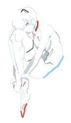 Rule 34 | 1girl, ayanami rei, bodysuit, highres, kama b, knees up, looking at viewer, minimalism, neon genesis evangelion, no mouth, no nose, plugsuit, short hair, simple background, solo, white background, white bodysuit