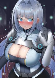 Rule 34 | 1girl, absurdres, anger vein, blue eyes, blush, breast tattoo, breasts, cleavage, cleavage cutout, clothing cutout, embarrassed, ethel (xenoblade), from above, hair intakes, highres, large breasts, silver hair, solo, tattoo, xenoblade chronicles (series), xenoblade chronicles 3