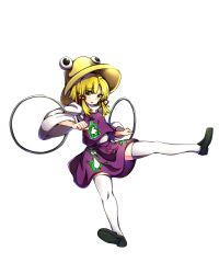 Rule 34 | 1girl, absurdres, baba (baba seimaijo), blonde hair, full body, hair ornament, hat, highres, long sleeves, looking at viewer, moriya&#039;s iron rings, moriya suwako, open mouth, shirt, shoes, short hair, skirt, skirt set, solo, source request, spread legs, thighhighs, touhou, transparent background, turtleneck, vest, white thighhighs, wide sleeves, yellow eyes, zettai ryouiki