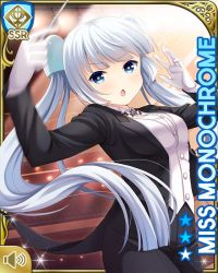 Rule 34 | 1girl, :o, black jacket, black pants, blunt bangs, bow, bowtie, card, character name, checker pattern, conductor, day, girlfriend (kari), indoors, jacket, miss monochrome, miss monochrome (character), music sheet, music stand, official art, open mouth, pants, qp:flapper, shirt, solo, standing, tagme, thighhighs, twintails, white footwear, white hair, white shirt