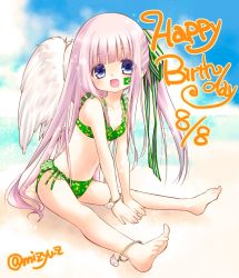 Rule 34 | 10s, 1girl, 2016 summer olympics, angel wings, anklet, beach, blonde hair, blue eyes, brazilian flag, dated, day, gotou jun, hair ribbon, happy birthday, highres, jewelry, light purple hair, long hair, looking at viewer, mizutani yuzu, official art, olympics, open mouth, ribbon, sand, short hair, sitting, smile, solo, swimsuit, tenshi no 3p!, twitter username, very long hair, wings