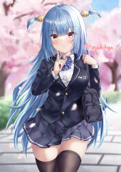 Rule 34 | 1girl, absurdres, artist name, azur lane, bag, blue bow, blue bowtie, blue hair, blue jacket, blurry, blurry background, bow, bowtie, breasts, brown thighhighs, cherry blossoms, clam shell, collared shirt, cowboy shot, fake antlers, highres, jacket, large breasts, long hair, makihige, neptune (azur lane), outdoors, pleated skirt, school bag, school uniform, shell hair ornament, shirt, skirt, solo, thighhighs, uniform, very long hair, white shirt, world of warships, zettai ryouiki