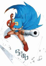 Rule 34 | 1other, arm cannon, artist name, blue cape, cape, character name, dated, doll joints, fighting stance, from above, geno (mario), hat, highres, joints, mario (series), matra usagi, nintendo, pointy hat, red eyes, red footwear, solo, standing, super mario rpg, weapon, white background