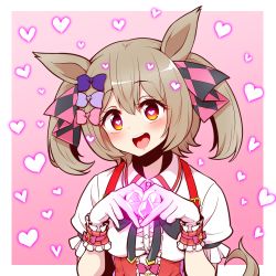 Rule 34 | 1girl, animal ears, blush, brown eyes, brown hair, commentary request, gloves, hair ornament, hair ribbon, heart, heart-shaped pupils, heart hands, horse ears, horse girl, horse tail, looking at viewer, open mouth, portrait, ribbon, simple background, smart falcon (umamusume), solo, symbol-shaped pupils, tail, umamusume, yonedatomo mizu