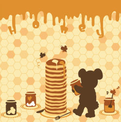 Rule 34 | bad id, bad pixiv id, bear, bee, bug, butter, doily, egg, english text, food, food focus, fork, fruit, honey, honeycomb (pattern), honeycomb background, honeycomb pattern, insect, knife, knight/night, musical note, no humans, orange (fruit), orange background, original, pancake, pancake stack, plate, pot, quaver, sugar cube, syrup