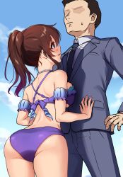 Rule 34 | 1boy, 1girl, ass, back, bikini, blue bikini, blue eyes, blue sky, blush, breasts, brown hair, business suit, cleavage, cloud, collarbone, commentary request, day, formal, frilled bikini, frills, hands on another&#039;s stomach, highres, idolmaster, idolmaster million live!, idolmaster million live! theater days, jewelry, kamille (vcx68), leaning on person, looking at another, looking up, medium breasts, nail polish, necklace, necktie, no eyes, open mouth, outdoors, pearl necklace, pink nails, ponytail, producer (idolmaster), satake minako, sidelocks, sky, smile, squeezing, standing, suit, sweat, sweatdrop, swimsuit, textless version, thighs, underboob, variant set
