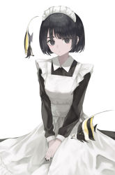 Rule 34 | 1girl, animal, apron, black eyes, black hair, black nails, closed mouth, collared dress, commentary request, dress, eyebrows hidden by hair, fish, frilled apron, frills, highres, long sleeves, looking at viewer, maid, maid apron, maid headdress, nail polish, ogami ren, original, short hair, simple background, solo, thick eyebrows, white apron, white background