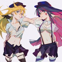 Rule 34 | 2girls, black gloves, black skirt, blonde hair, blue eyes, blue hair, blunt bangs, blush, bra, breasts, cleavage, closed mouth, collared shirt, colored inner hair, gloves, hat, long hair, looking at viewer, medium breasts, midriff, miniskirt, multicolored hair, multiple girls, navel, panty &amp; stocking with garterbelt, panty (psg), partially unbuttoned, pink hair, pleated skirt, puffy short sleeves, puffy sleeves, see-through, see-through shirt, shirt, short sleeves, siblings, sisters, skirt, star sticker, sticker on face, stocking (psg), streaked hair, suspender skirt, suspenders, thighhighs, two-tone hair, underwear, zaixia448