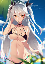 Rule 34 | 1girl, alternate costume, antenna hair, azur lane, bikini, black bikini, blurry, blush, breasts, chromatic aberration, cross, day, depth of field, flag print, german flag bikini, groin, hair between eyes, highres, iron cross, itsui (dihydrogenmonoxid), large breasts, long hair, looking at viewer, mole, mole on breast, mouth hold, multicolored hair, navel, outdoors, prinz eugen (azur lane), prinz eugen (unfading smile) (azur lane), red hair, side-tie bikini bottom, silver hair, smile, solo, stomach, streaked hair, swimsuit, two side up, very long hair