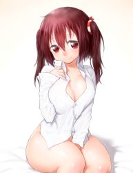 Rule 34 | 10s, 1girl, blush, bottomless, breasts, brown hair, cleavage, dress shirt, ebina nana, female focus, gradient background, himouto! umaru-chan, large breasts, long hair, looking at viewer, naked shirt, no bra, no panties, onsoku inu, red eyes, shirt, sitting, smile, solo, twintails, unbuttoned, wavy mouth