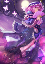 Rule 34 | 1girl, aya tarou, blue dress, bug, butterfly, covering own mouth, dress, frilled sleeves, frills, hair between eyes, hand fan, highres, holding, holding fan, insect, long hair, long sleeves, looking at viewer, pink eyes, pink hair, saigyouji yuyuko, solo, standing, touhou, wide sleeves
