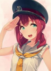 Rule 34 | 10s, 1girl, :d, alternate hairstyle, aqua eyes, bad id, bad twitter id, hat, kurosawa ruby, love live!, love live! sunshine!!, neckerchief, open mouth, peaked cap, pink background, red hair, salute, school uniform, serafuku, short sleeves, siva (executor), smile, solo, tie clip, twintails, upper body