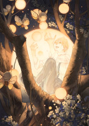 Rule 34 | 1boy, blonde hair, blouse, bug, flower, insect, lights, looking up, moth, night, open mouth, original, shirt, short hair, sleeves rolled up, smile, suspenders, tanjiu, tree, yellow eyes