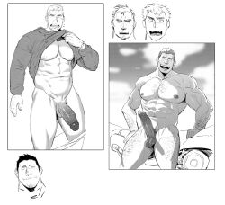 Rule 34 | 2boys, abs, aracnee26, bara, bare pectorals, clothes lift, clothes pull, completely nude, erection, greyscale, highres, large pectorals, male focus, monochrome, multiple boys, multiple views, muscular, muscular male, navel, nipples, nude, open mouth, original, pants, pants pull, pectorals, penis, penis piercing, piercing, shirt, shirt lift, short hair, smile, academic test, watch, wristwatch