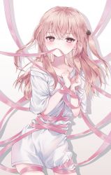 Rule 34 | 1girl, blush, bound, closed mouth, collarbone, commentary request, crossed bangs, flower, hair between eyes, hair flower, hair ornament, highres, inui sajuna, long hair, looking at viewer, mouth hold, off shoulder, paraffin, pink eyes, pink hair, pink ribbon, ribbon, ribbon bondage, ribbon in mouth, shirt, short sleeves, solo, sono bisque doll wa koi wo suru, white background, white shirt
