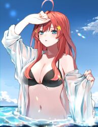 Rule 34 | 1girl, ahoge, arm up, bikini, black bikini, blue eyes, blush, breasts, cleavage, collarbone, day, go-toubun no hanayome, groin, hair between eyes, hair ornament, highres, jun (30409972), large breasts, long hair, looking at viewer, midriff, nakano itsuki, navel, ocean, off-shoulder shirt, off shoulder, open clothes, open mouth, outdoors, partially submerged, red hair, shirt, solo, star (symbol), star hair ornament, stomach, swimsuit, water, wet
