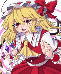 Rule 34 | 1girl, :d, absurdres, arm up, ascot, aura, blonde hair, blush, bow, buttons, commentary request, crystal, doku yanagi, dot nose, eyelashes, fangs, fingernails, flandre scarlet, frilled shirt collar, frilled skirt, frills, hat, hat bow, hat ribbon, highres, looking at viewer, medium hair, mob cap, nail polish, one side up, open mouth, pointy ears, puffy short sleeves, puffy sleeves, red bow, red eyes, red nails, red ribbon, red skirt, red vest, ribbon, shirt, short sleeves, side ponytail, sidelocks, simple background, skirt, slit pupils, smile, solo, standing, teeth, touhou, upper body, upper teeth only, vest, white background, white hat, white shirt, wings, wrist cuffs, yellow ascot