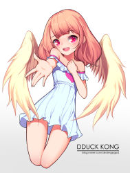 Rule 34 | 1girl, absurdres, angel wings, bad id, bad pixiv id, blush, dduck kong, dress, heart, highres, looking at viewer, medium hair, naver username, open mouth, orange hair, original, outstretched arm, outstretched hand, red eyes, smile, solo, teeth, white dress, wings