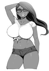 Rule 34 | 1girl, arm up, black-framed eyewear, black hair, breasts, dark-skinned female, dark skin, denim, elf-san wa yaserarenai., eure (elf-san wa yaserarenai.), glasses, greyscale, highres, jeans, large breasts, long hair, looking at viewer, monochrome, pants, shirt, snake hair, solo, synecdoche, thick eyebrows, thick thighs, thighs
