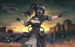Rule 34 | 1girl, black dress, black gloves, black hair, breasts, brown eyes, building, cleavage, commentary request, dress, girls&#039; frontline, gloves, gun, hair between eyes, highres, holding, holding wand, long sleeves, looking away, looking to the side, medium breasts, outdoors, pleated dress, respirator, scarecrow (girls&#039; frontline), sky, solo, standing, sunset, tobi (mylifekei), twintails, wand, weapon