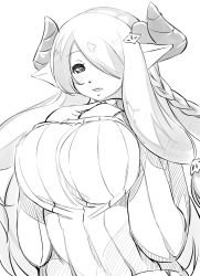 Rule 34 | 1girl, breasts, granblue fantasy, greyscale, hair ornament, hair over one eye, hands up, horns, huge breasts, long sleeves, looking at viewer, monochrome, narmaya (granblue fantasy), one eye covered, pointy ears, ribbed sweater, shiki (psychedelic g2), simple background, solo, sweater, upper body, white background