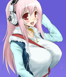 Rule 34 | 1girl, between breasts, blush, breasts, headphones, large breasts, long hair, looking at viewer, nitroplus, open mouth, oro (zetsubou girl), pink hair, red eyes, smile, solo, super sonico