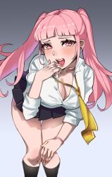 Rule 34 | 1girl, bent over, black socks, breasts, ceroccb, cleavage, contemporary, fire emblem, fire emblem: three houses, highres, hilda valentine goneril, large breasts, looking at viewer, loose necktie, miniskirt, necktie, nintendo, pink eyes, pink hair, school uniform, skirt, socks, solo, twintails