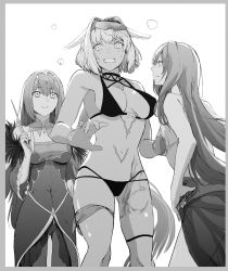 Rule 34 | 3girls, bent over, bikini, black bikini, body markings, caenis (fate), caenis (swimsuit rider) (fate), caenis (swimsuit rider) (first ascension) (fate), dress, eyewear on head, fate/grand order, fate (series), feather trim, fur-trimmed dress, fur trim, greyscale, hands up, headpiece, highres, looking at another, monochrome, multiple girls, navel, nervous, sarong, scathach (fate), scathach (fate/grand order), scathach (swimsuit assassin) (fate), scathach skadi (fate), smile, sunglasses, swimsuit, syatey, tiara, wand