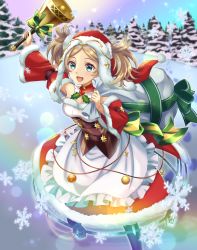 Rule 34 | 1girl, :d, alternate costume, bell, blonde hair, blue eyes, christmas, commission, detached sleeves, dress, fire emblem, fire emblem awakening, fire emblem heroes, fur trim, highres, holding, holding bell, holding sack, kakiko210, lissa (fire emblem), lissa (winter) (fire emblem), looking at viewer, nintendo, official alternate costume, open mouth, rainbow gradient, red headwear, ribbon, sack, skeb commission, smile, snow, snowflakes, twintails