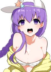 Rule 34 | 1girl, absurdres, bare shoulders, baseball cap, bb (fate), bb (fate) (all), bb (fate/extra), bb (swimsuit mooncancer) (fate), bb (swimsuit mooncancer) (first ascension) (fate), bikini, bikini top only, blush, braid, breasts, brown hair, cleavage, collarbone, fate/grand order, fate (series), hairband, hat, highres, large breasts, long hair, off shoulder, open clothes, open mouth, purple eyes, purple hair, sideways hat, simple background, single braid, solo, star (symbol), star in eye, strapless, strapless bikini, swimsuit, symbol in eye, takae (poupee en biscuit), triple vertical stripe, underboob, v-shaped eyebrows, white background, white bikini, white hat