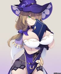 Rule 34 | 1girl, arm under breasts, artist name, bad id, bad pixiv id, between breasts, black gloves, book, breasts, brown hair, ddangbi, dress, flower, genshin impact, gloves, golden rose, green eyes, grimoire, hair over shoulder, hat, hat flower, hat ornament, inconvenient breasts, large breasts, lisa (genshin impact), long hair, looking at viewer, low ponytail, multicolored clothes, multicolored dress, purple dress, purple flower, purple rose, rose, smile, solo, teeth, witch hat