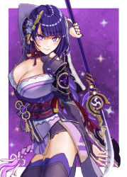 Rule 34 | 1girl, absurdres, arm up, armor, black thighhighs, blush, braid, breasts, bridal gauntlets, cleavage, closed mouth, commentary request, floral print, flower, genshin impact, hair ornament, highres, holding, holding polearm, holding spear, holding weapon, japanese clothes, ki-16, kimono, large breasts, long hair, long sleeves, looking at viewer, mitsudomoe (shape), mole, mole under eye, naginata, obi, obiage, obijime, polearm, purple eyes, purple flower, purple hair, purple thighhighs, raiden shogun, ribbon, sash, shoulder armor, solo, sparkle, spear, tassel, thighhighs, tomoe (symbol), weapon, wide sleeves