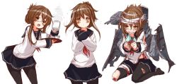 Rule 34 | 10s, 1girl, anchor symbol, bandages, bespectacled, black pantyhose, blood, blush, brown hair, crying, crying with eyes open, cup, folded ponytail, glasses, hands on own chest, highres, ikameshi (ika meshi), inazuma (kancolle), injury, kantai collection, long sleeves, looking at viewer, machinery, mug, multiple views, neckerchief, open mouth, pantyhose, pleated skirt, sailor collar, school uniform, serafuku, sitting, skirt, tears, torn clothes, torn legwear, tray, wariza, white background, yellow eyes
