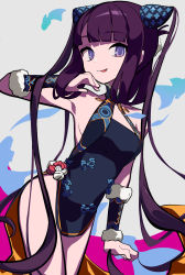 Rule 34 | 1girl, bad id, bad pixiv id, bare shoulders, black dress, blue eyes, blunt bangs, breasts, china dress, chinese clothes, detached sleeves, dress, fate/grand order, fate (series), fish, hair ornament, highres, long hair, looking at viewer, medium breasts, purple hair, shui, side slit, sidelocks, smile, thighs, tongue, tongue out, twintails, very long hair, yang guifei (fate), yang guifei (second ascension) (fate)