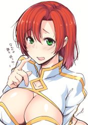 Rule 34 | 1girl, boudica (fate), breasts, cleavage, fate/grand order, fate (series), fue (rhomphair), green eyes, highres, juliet sleeves, large breasts, long sleeves, puffy sleeves, red hair, revealing clothes, short hair, shrug (clothing), solo, translation request, upper body