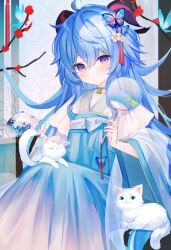 Rule 34 | 1girl, absurdres, alternate hairstyle, blue dress, blue hair, blush, branch, butterfly hair ornament, cat, chinese clothes, commentary, dress, flower, ganyu (genshin impact), genshin impact, hair ornament, hand fan, hanfu, highres, holding, holding fan, long hair, looking at viewer, paper fan, plum blossoms, purple eyes, qixiong ruqun, red flower, ruqun, shouu-kun, sitting, tassel, teapot, uchiwa, very long hair, white cat