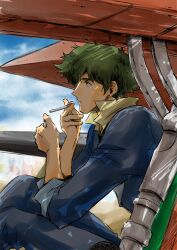 Rule 34 | 1boy, absurdres, blue sky, cigarette, closed mouth, cloud, cloudy sky, cowboy bebop, expressionless, green hair, highres, holding, holding cigarette, light, necktie, shadow, shirt, sitting, sky, solo, spike spiegel, spiked hair, swordfish ii, tobalin, yellow shirt
