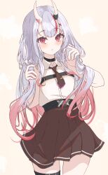 Rule 34 | 1girl, absurdres, blush, collared shirt, cowboy shot, fang, gradient hair, grey hair, hair ornament, highres, holding, holding hair, hololive, horns, long hair, looking at viewer, multicolored hair, nakiri ayame, nakiri ayame (streetwear), necktie, nishiki yuno, official alternate costume, open mouth, pleated skirt, red eyes, red hair, shirt, simple background, skin-covered horns, skirt, sleeveless, sleeveless shirt, solo, streaked hair, virtual youtuber, white hair, white shirt, x hair ornament