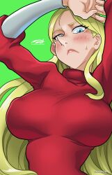 Rule 34 | 1girl, arms up, blonde hair, blush, breasts, closed mouth, covered erect nipples, darkereve, green background, highres, hilling (ousama ranking), large breasts, long hair, long nose, long sleeves, looking down, ousama ranking, pointy nose, red sweater, simple background, solo, sweat, sweater, turtleneck, turtleneck sweater, upper body