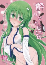 Rule 34 | 1girl, blush, bottle, cover, cover page, cup, frog hair ornament, green eyes, green hair, hair ornament, hammer head, highres, kochiya sanae, long hair, looking at viewer, makabe gorou, matching hair/eyes, panties, pussy, see-through, snake hair ornament, solo, sweat, touhou, underwear, wet, white panties