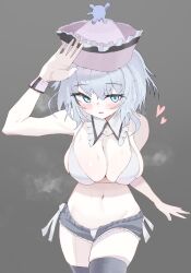 Rule 34 | 1girl, :d, arm up, blue eyes, blush, breasts, commentary request, grey background, grey hair, hat, heart, highres, large breasts, looking at viewer, merlin prismriver, open fly, open mouth, parted lips, semotaretare, short shorts, shorts, simple background, single bare arm, skindentation, smile, solo, steaming body, thighhighs, touhou, upturned eyes, wrist cuffs