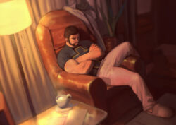 Rule 34 | 1boy, absurdres, baimeme, bara, beard, black hair, coffee mug, couch, cross print, crossed arms, cup, dungeon and fighter, facial hair, highres, indoors, male focus, male priest (dungeon and fighter), mature male, monk (dungeon and fighter), mug, muscular, muscular male, on couch, pectorals, priest (dungeon and fighter), sandals, short hair, sleeping, sleeping upright, solo, spread legs, thick eyebrows